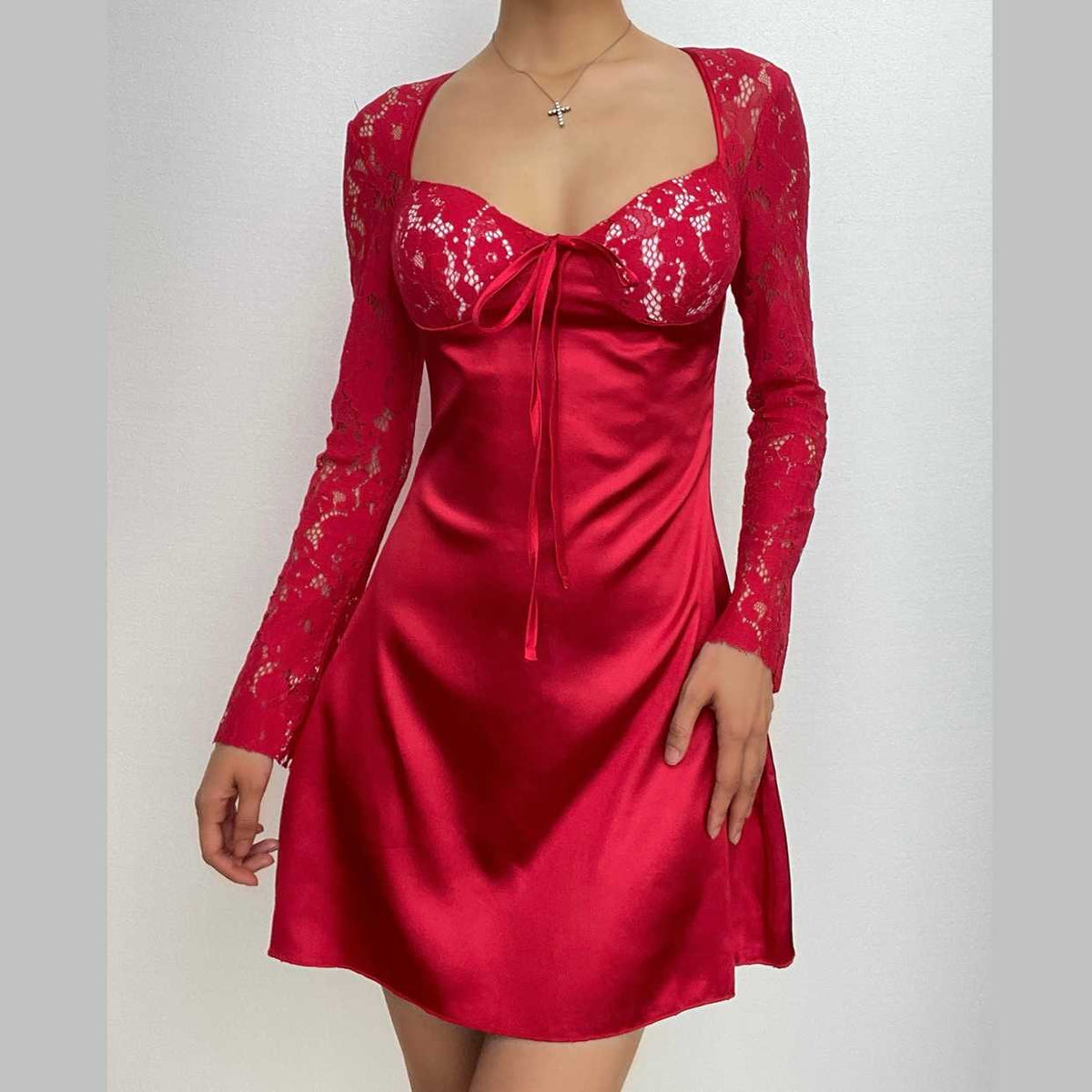 Lace Long Sleeve Sweetheart Neck Tie Front Satin A-Line Mini Dress