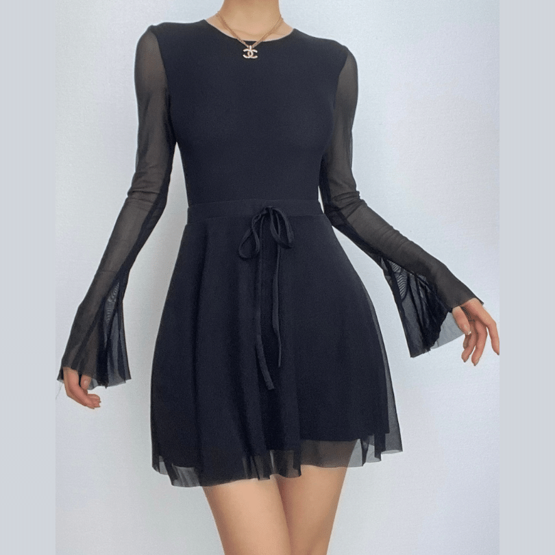 Long flared sleeve crewneck self tie mesh backless mini dress 2