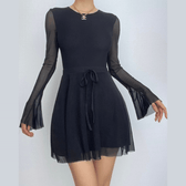 Long flared sleeve crewneck self tie mesh backless mini dress 2