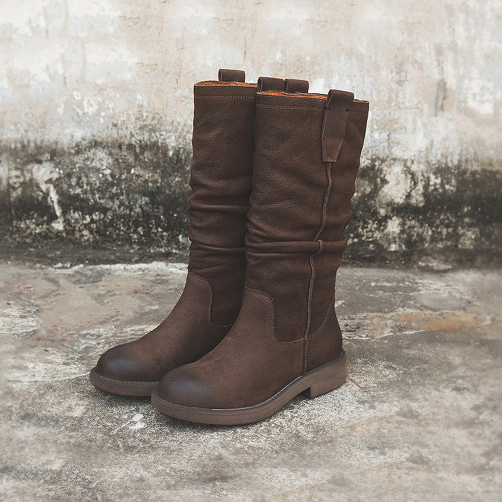 Nubuck Leather Mid Calf Boots Fold Design Riding Boots Short Plush Lined Or Leather For Choice Coffee/Black