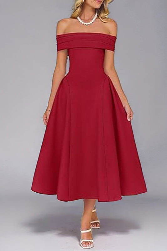 Off Shoulder Pleated Fit and Flare Midi Party Dress