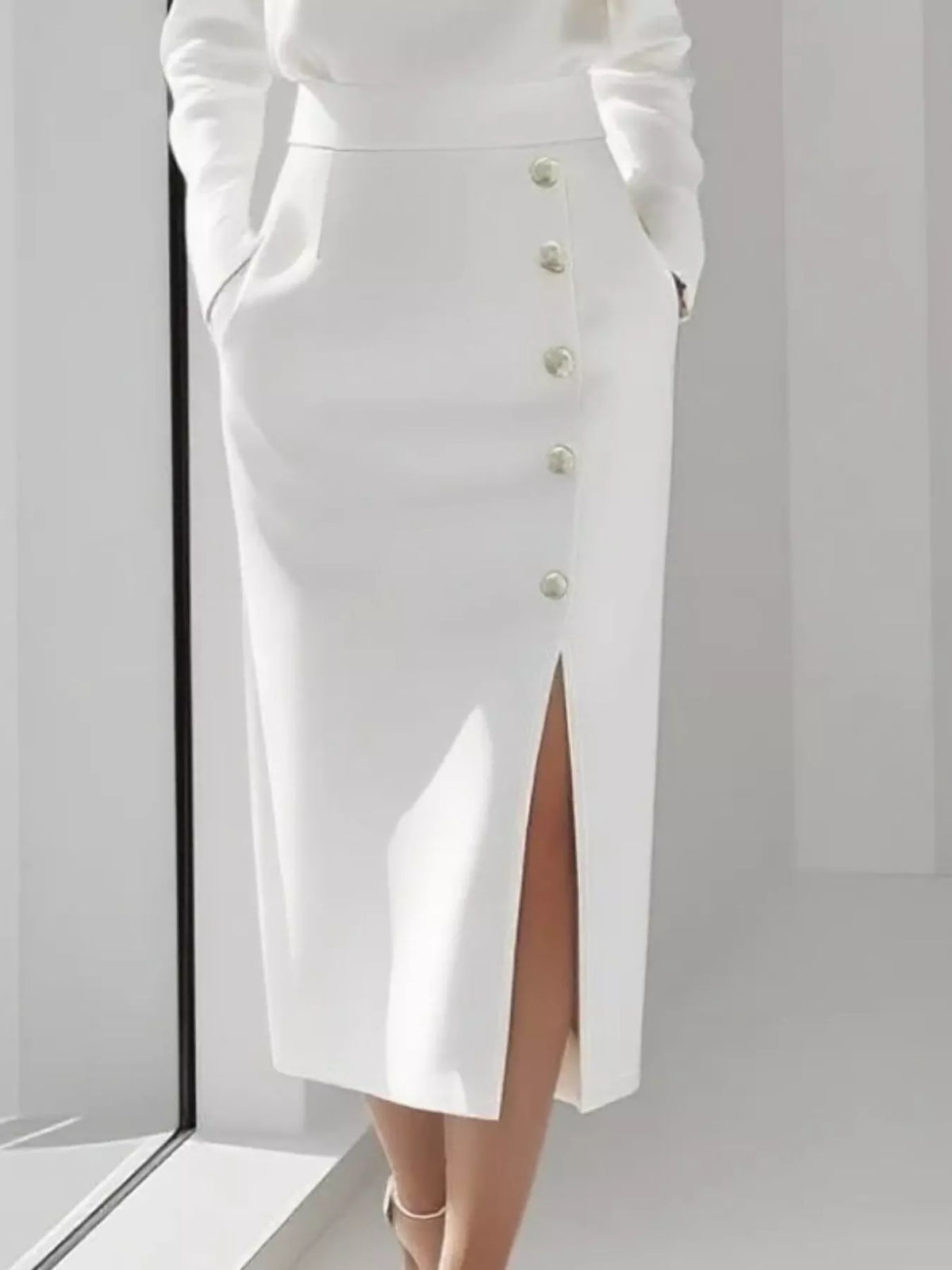 Round Neck Long Sleeve Button Detail Side Split Midi Dress 9