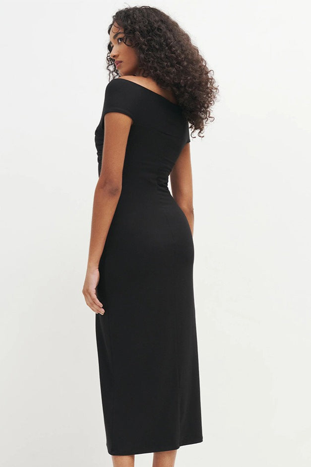 Off Shoulder Ruched Rosette Knit Bodycon Cocktail Dress