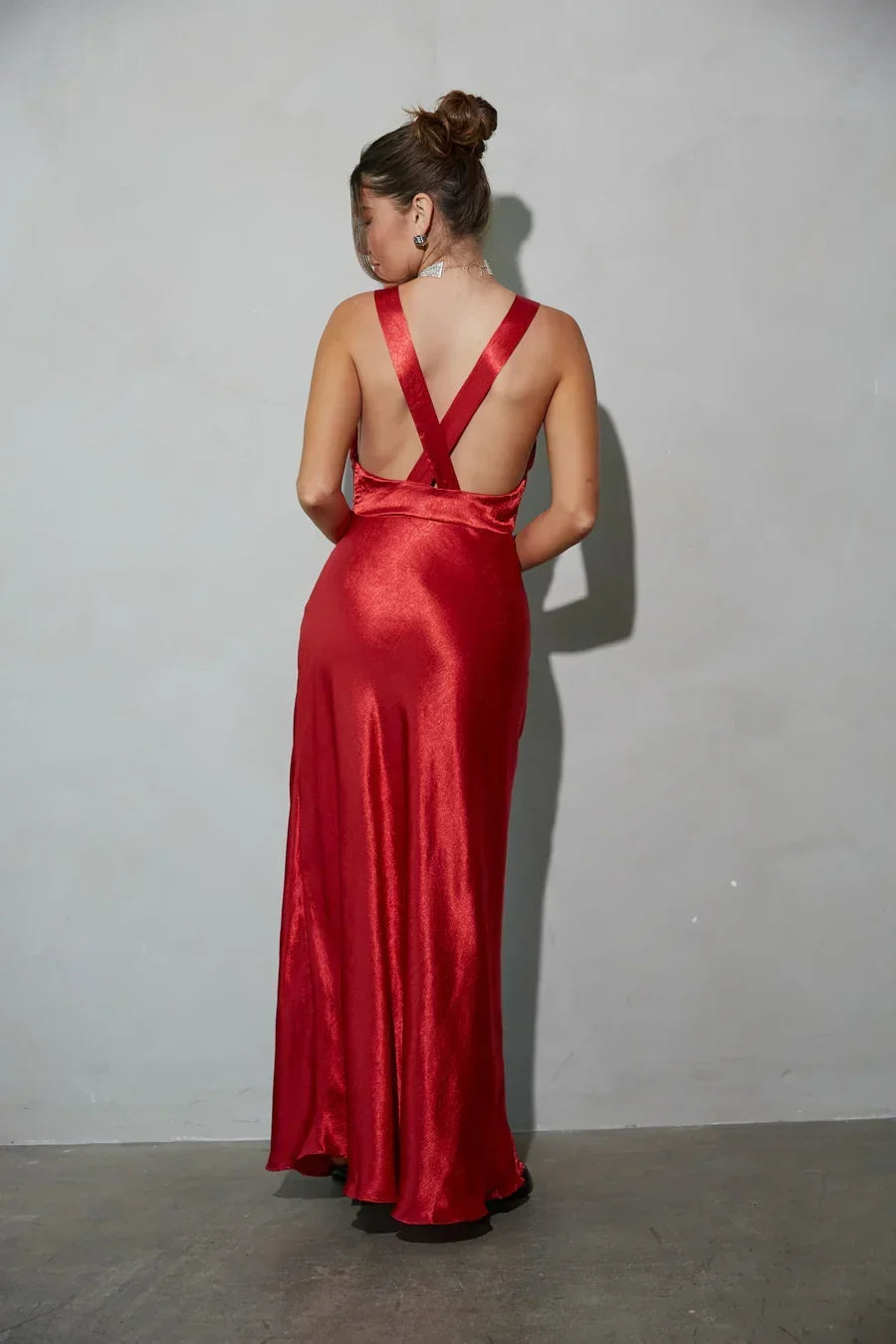 Satin Deep V-Neck Wide Strap Open Back Bias Cut Maxi Dress 2