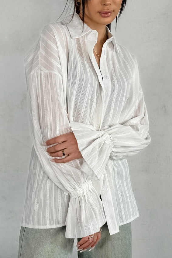 Textured Stripe Collared Tie Cuff Flare Sleeve Button Front Shirt 2
