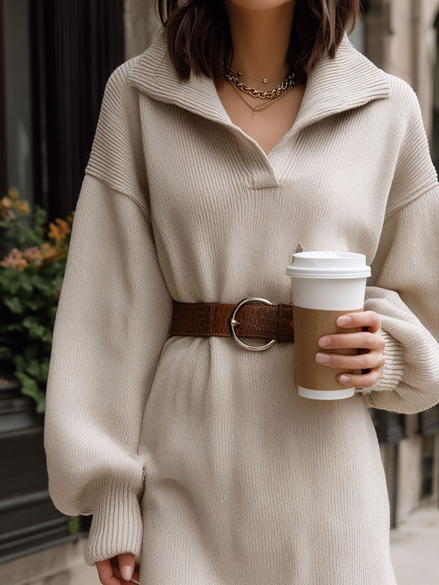 Casual Chic Open Collar Beige Knit Sweater Dress With Belted
