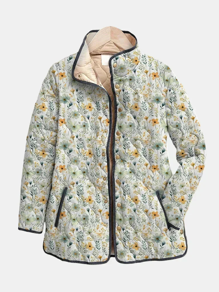 Floral Print Quilted Stand Collar Open Front Jacket