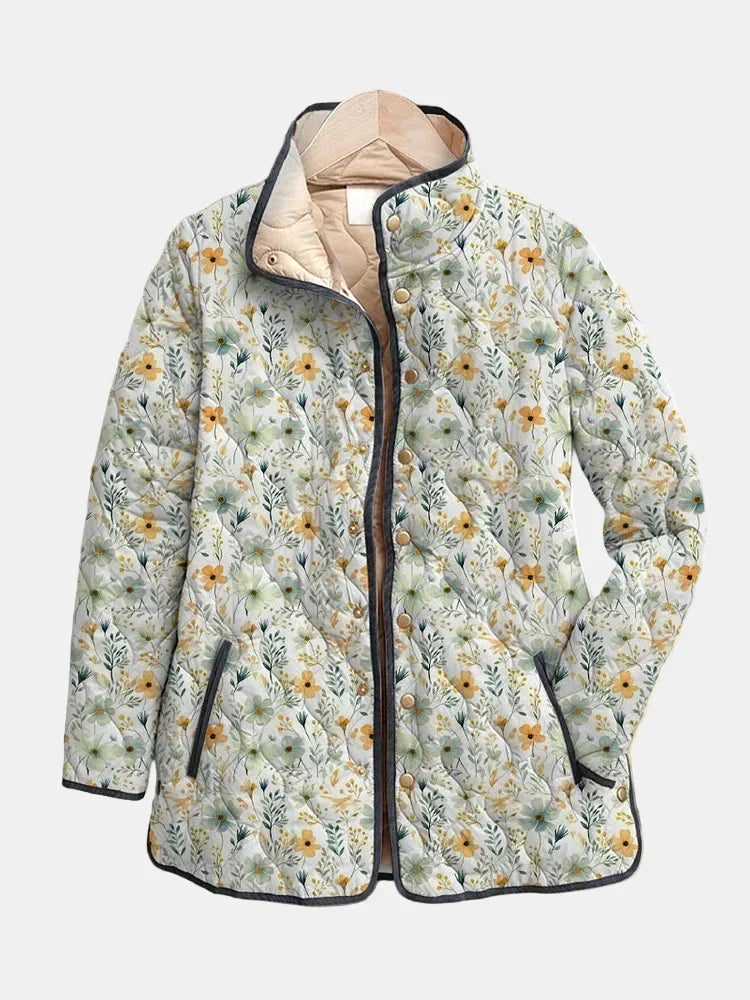 Wildflower Print Quilted Stand Collar Button Front Jacket