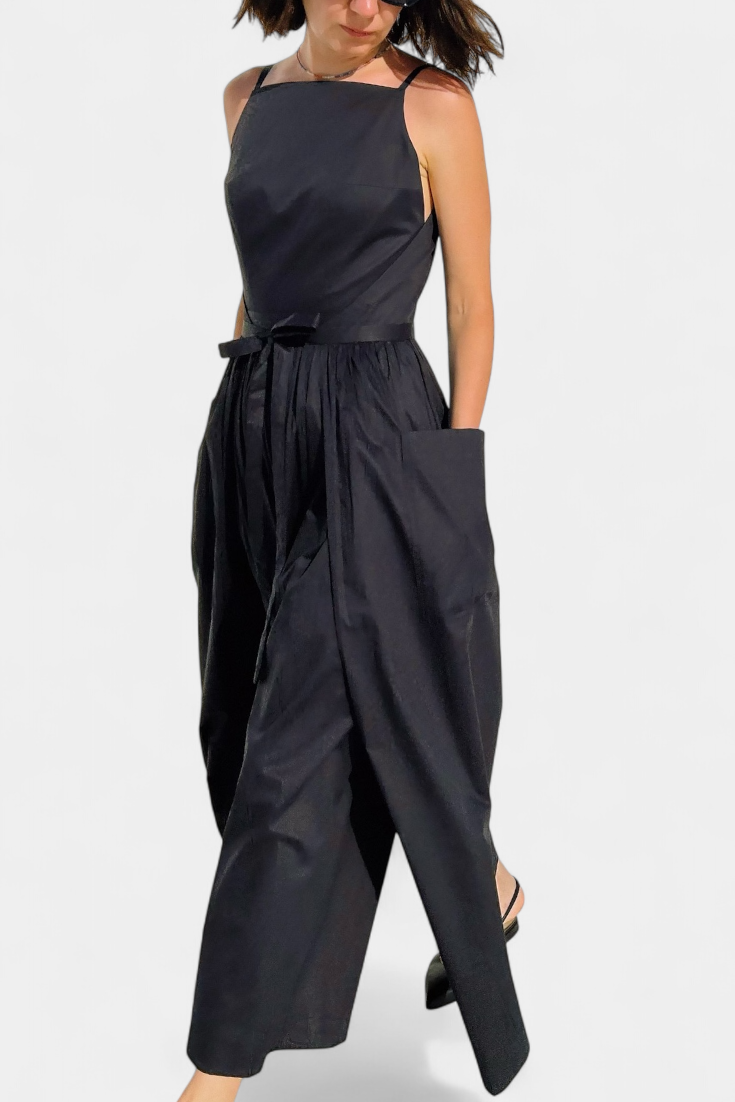 Square Neck Spaghetti Strap Tie Waist Wide Leg Jumpsuit