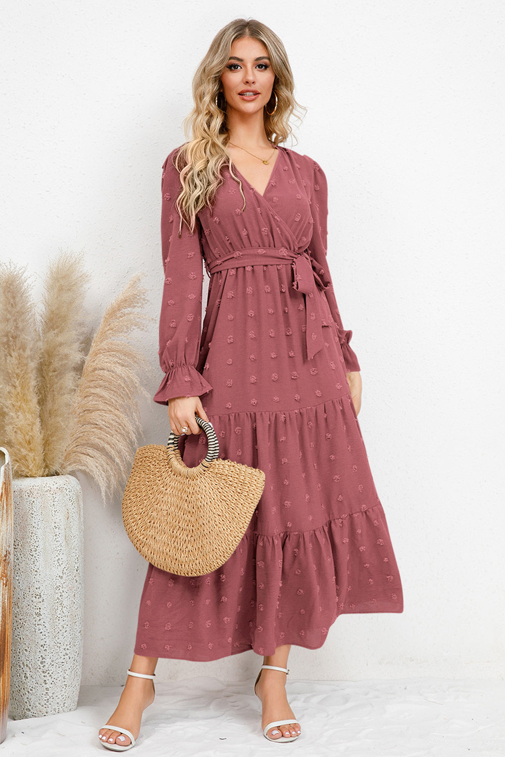 Swiss Dot Tied Surplice Flounce Sleeve Dress Light Mauve