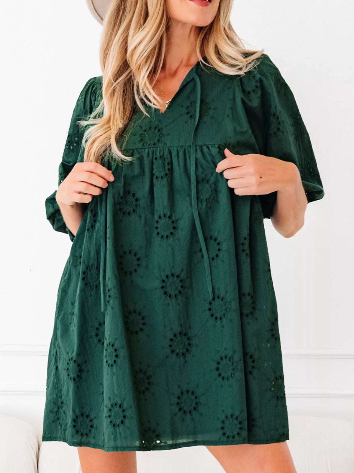 Eyelet Embroidered Tie Neck Puff Sleeve Swing Mini Dress 3