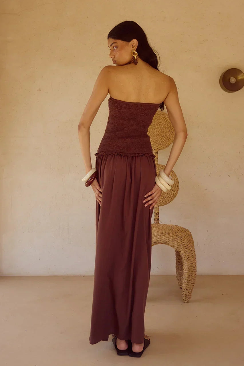 Strapless Shirred Bodice Drop Waist Maxi Dress 2