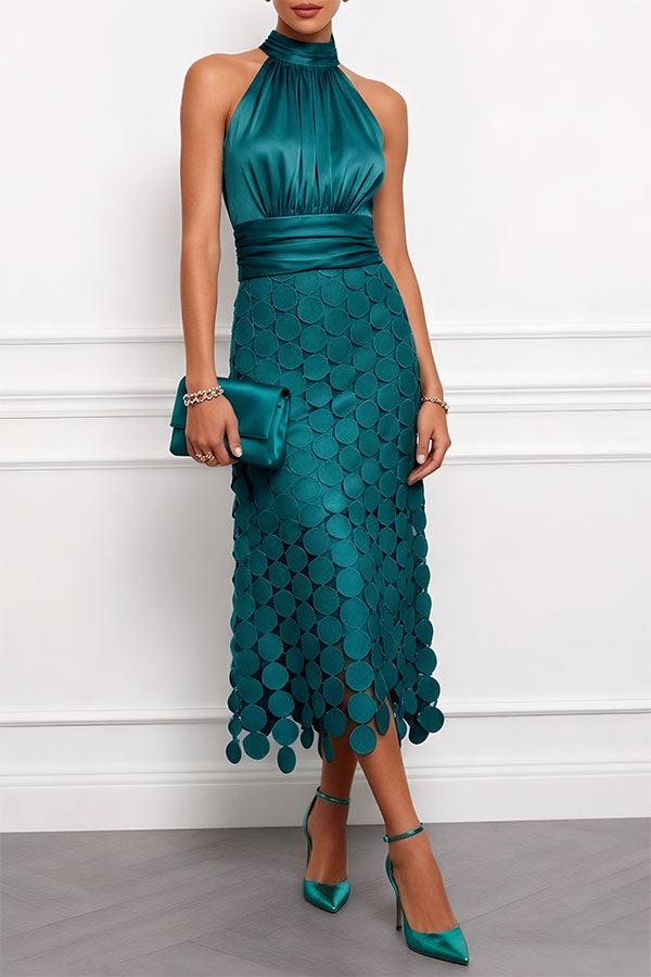 Halter Neck Satin Bodice Disc Paillette Midi Dress