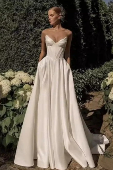 Strapless Satin Cathedral Train Wedding Dress