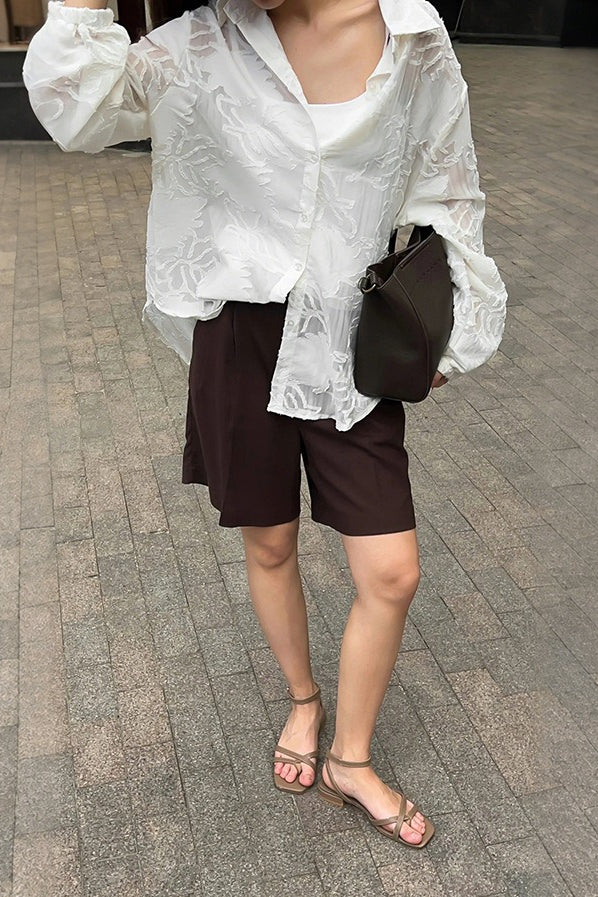 Sheer Textured Jacquard Collared Balloon Sleeve Oversized Shirt 4