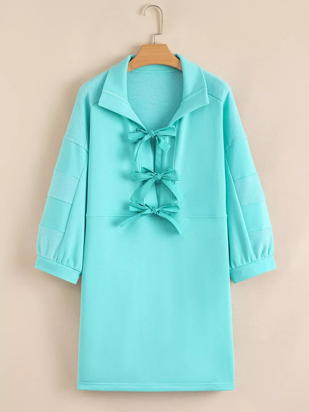 Collared Bow Front Three Quarter Sleeve Pocket Shift Mini Dress 3