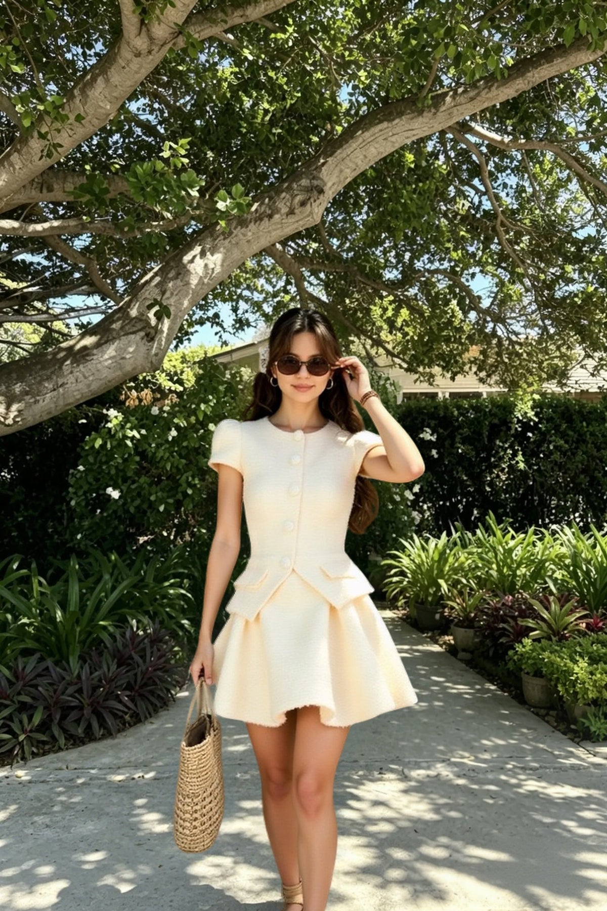 Tweed Short Sleeve Button Front Peplum Top and Flared Mini Skirt Two Piece Set 2