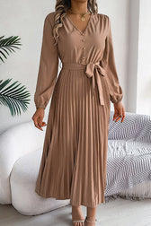 Solid Color Elegant V-neck Buttoned Lace-up Pleated Maxi Dress - View 6