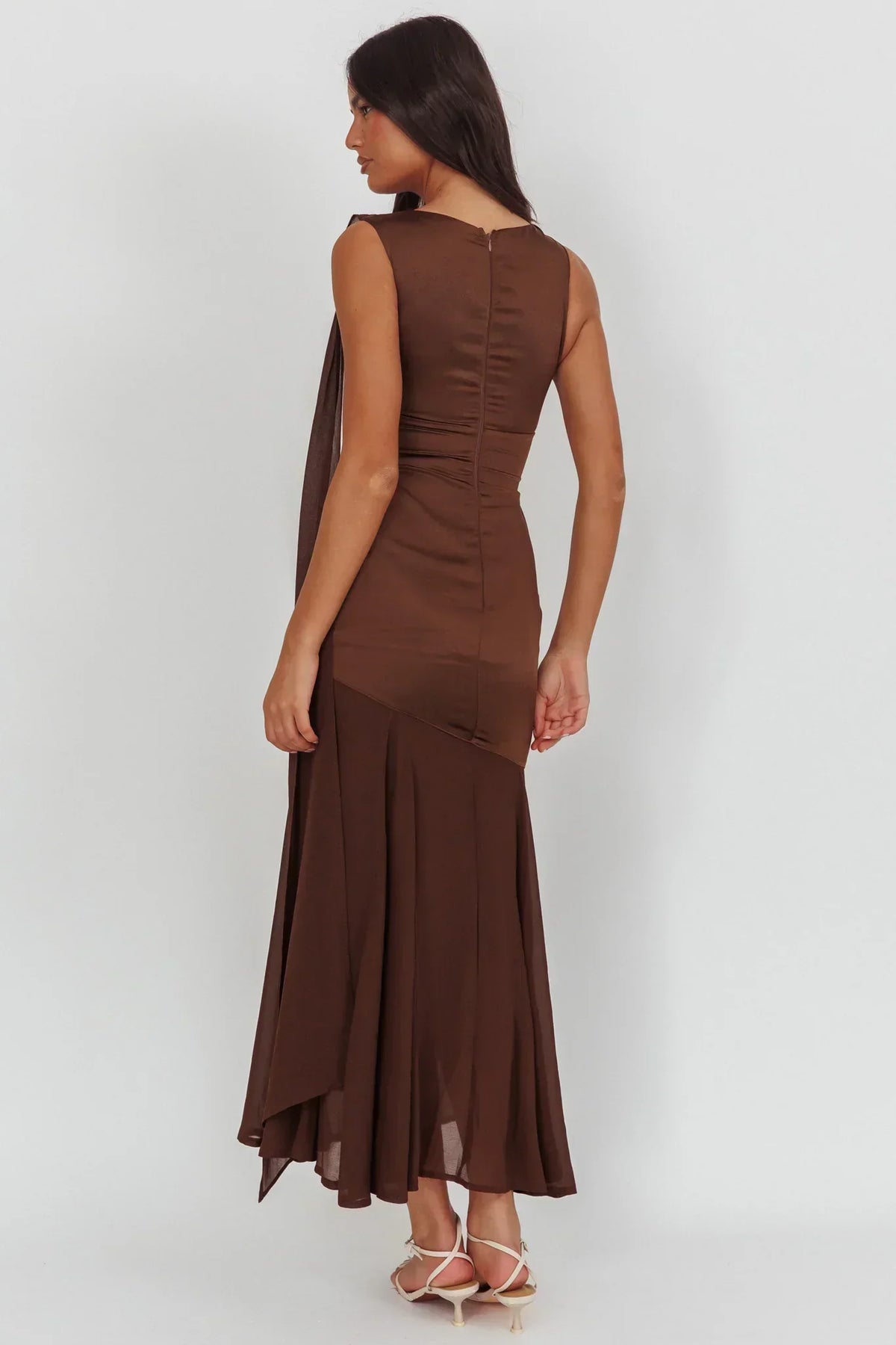 Satin Mock Neck Keyhole Bust Sleeveless Chiffon Mermaid Hem Maxi Dress 2