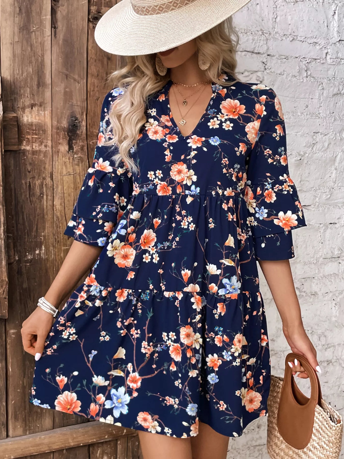 Floral Print V-Neck Ruffle Half Sleeve Tiered Babydoll Mini Dress
