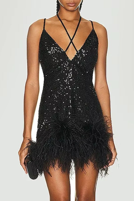 Glitter Panel Feather Trim Dress - View 2