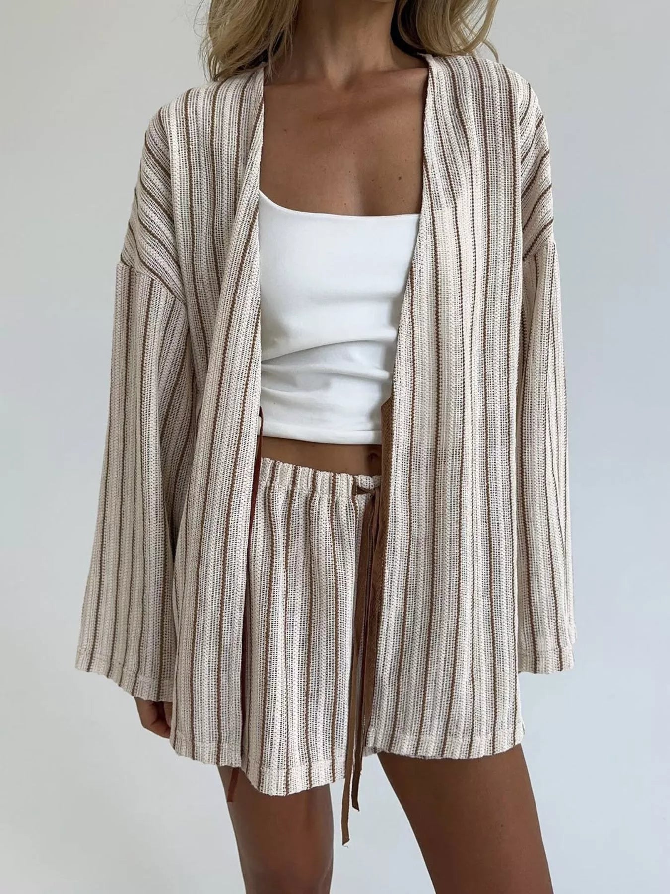 Striped Tie Front Top and Shorts Lounge Set