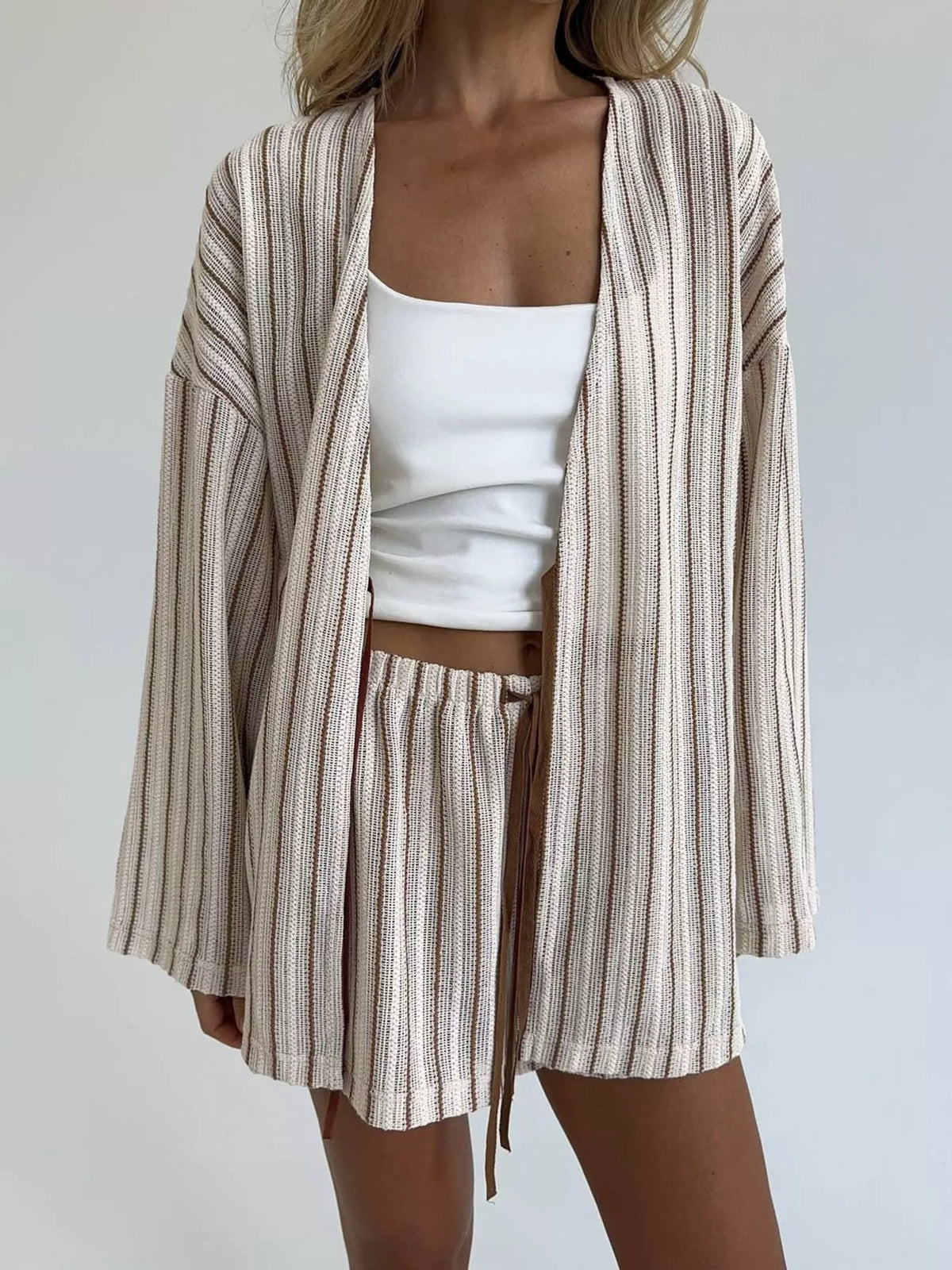 Striped Tie Front Wide Sleeve Top and Drawstring Shorts Two Piece Set 10