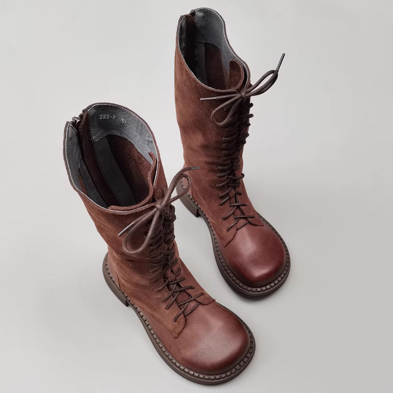 Handmade Lace up Leather Knee High Boots Big Toe Splicing Design Riding Boots Black/Brown