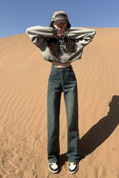 Cement Gray High Waist Straight Wide Leg Extended Jeans