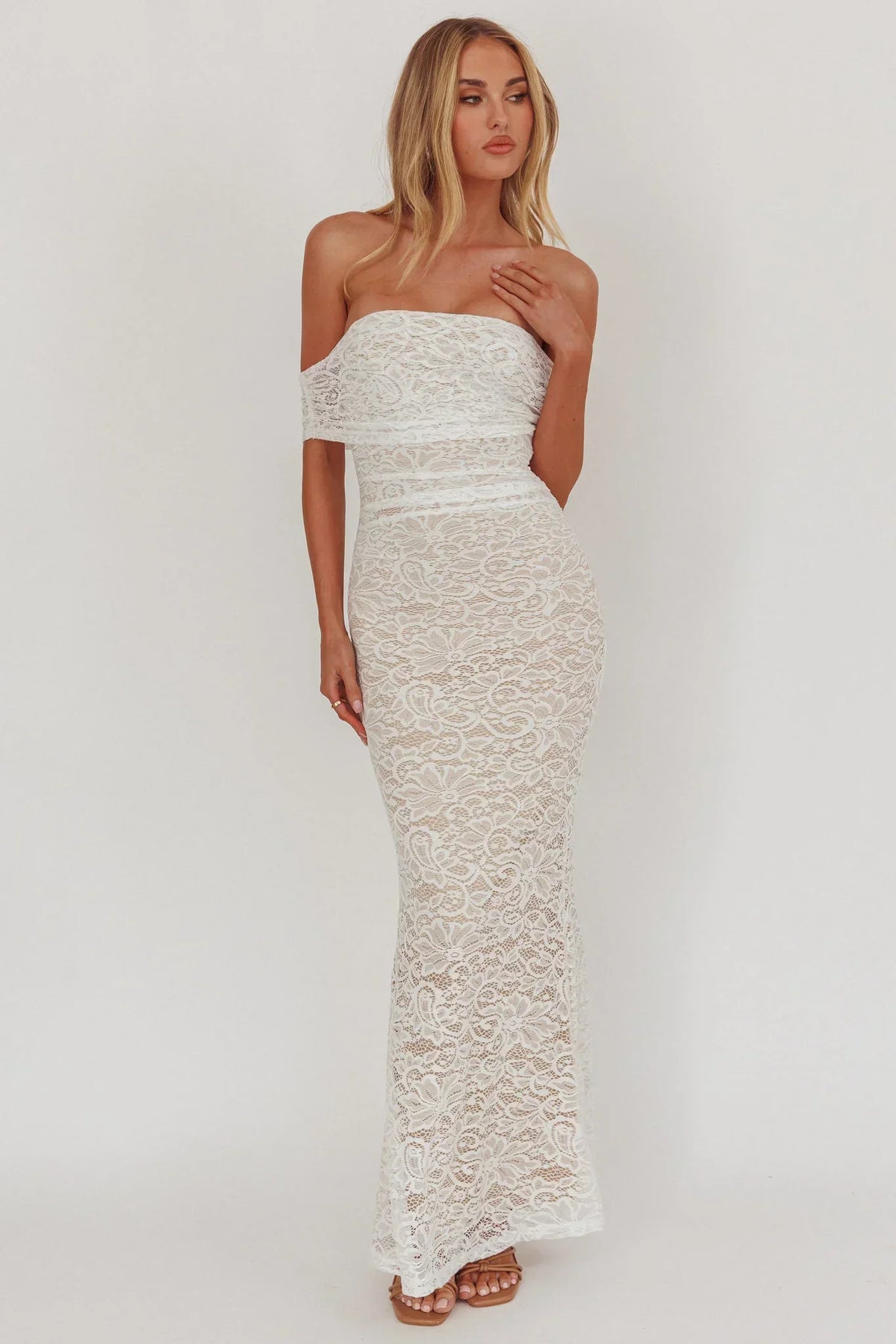 Lace Off Shoulder Fold Over Neckline Mermaid Maxi Dress 5