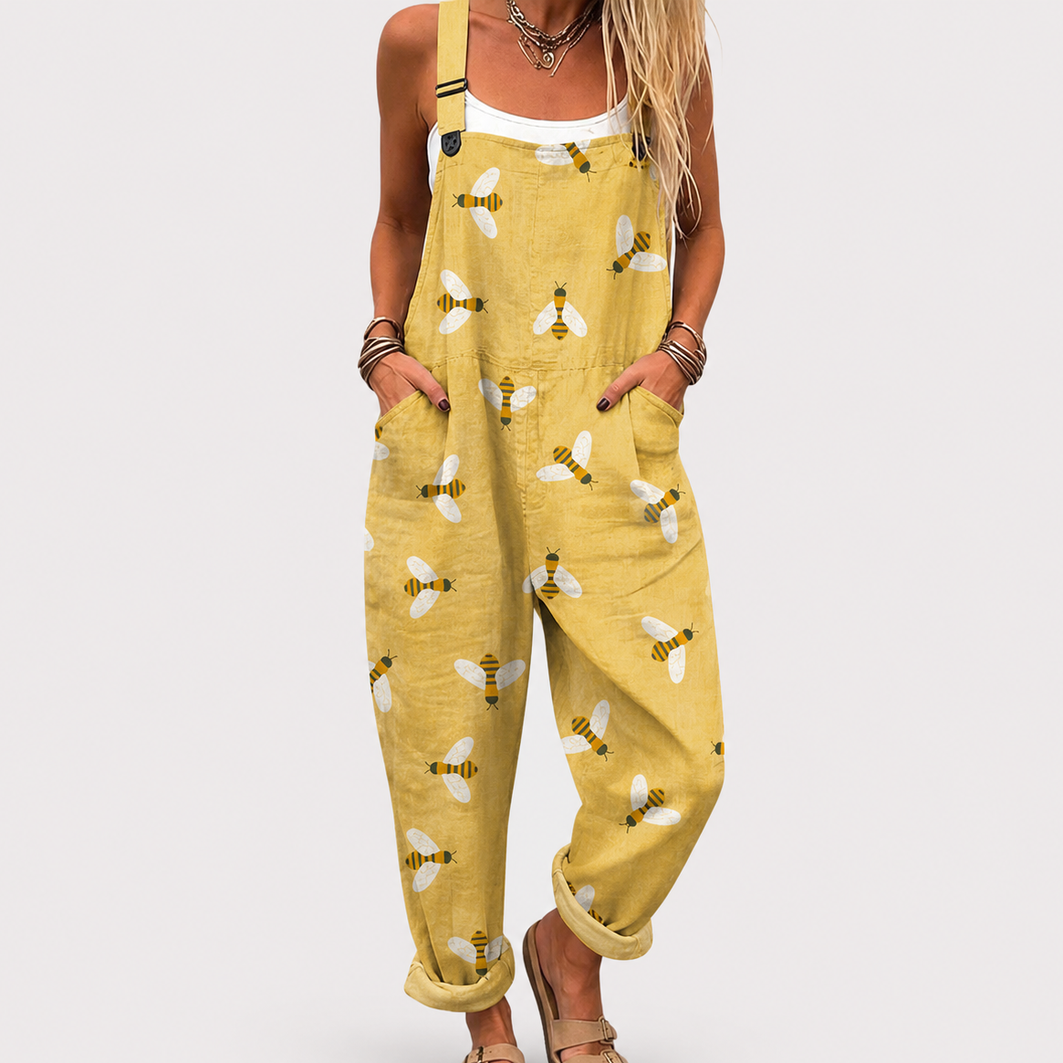 Bee Print Wide Leg Cuffed Overalls