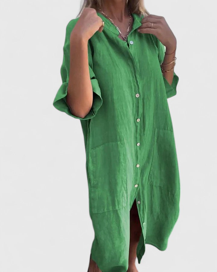 Collared Button Front Roll Sleeve Pocket Shirt Dress