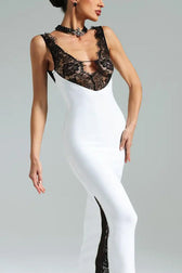 V-Neck Lace Panel Bodycon Mini Lace Dress