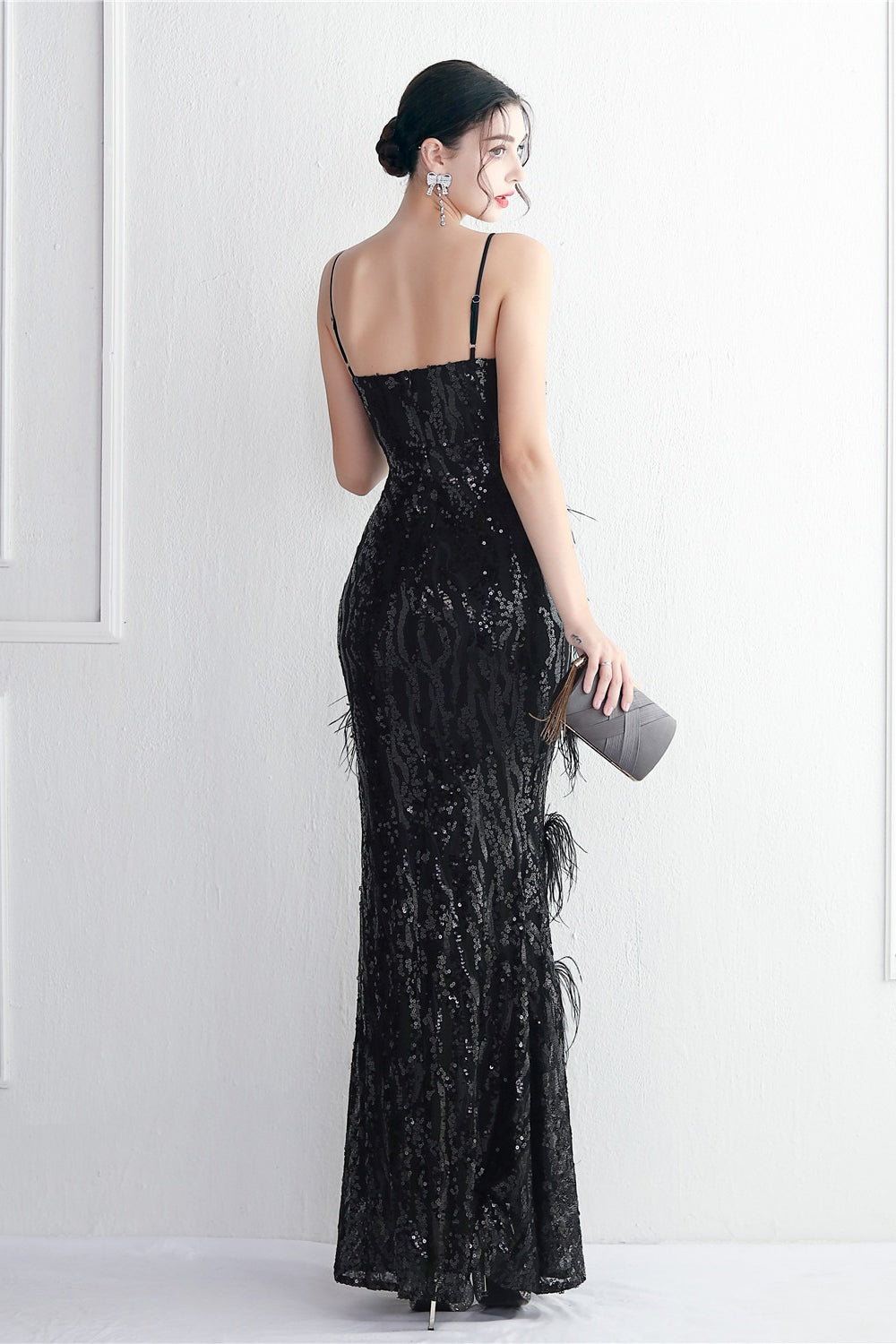 Sequin Deep V-Neck Spaghetti Strap Feather High Split Gown