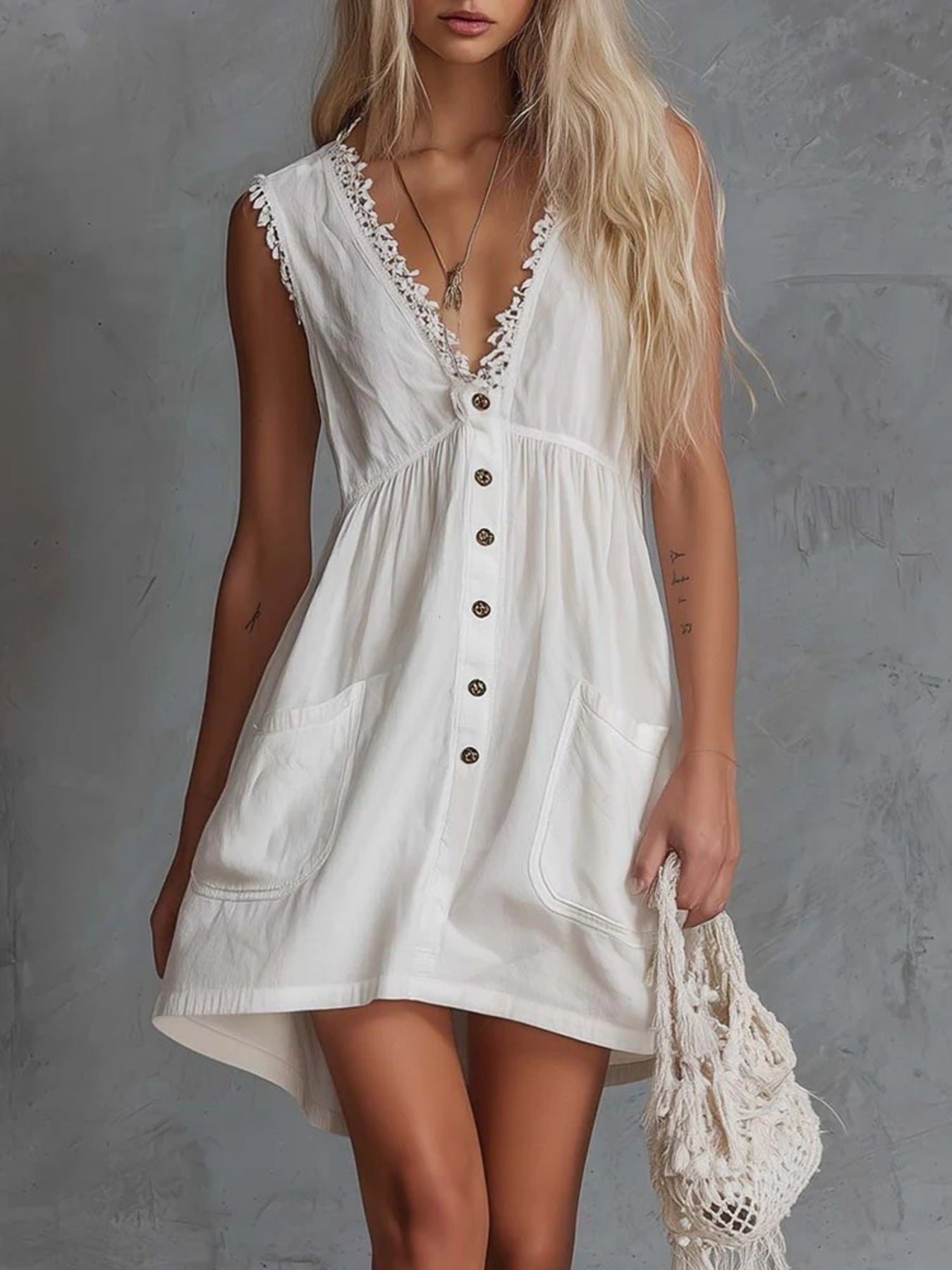 Sleeveless V-Neck Mini Dress with Pockets White