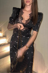 Lace Trim V-Neck Satin Cutout Polka Fit Lace Dress