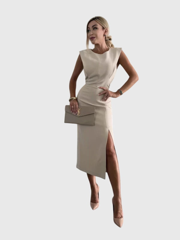 Round Neck Sleeveless Shoulder Pad High Split Bodycon Midi Dress 8