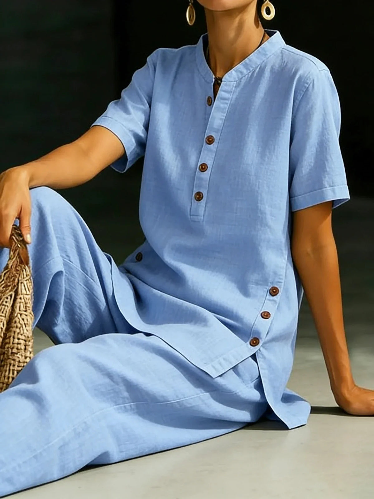 Short Sleeve Button Placket Top and Tapered Pants Two Piece Set