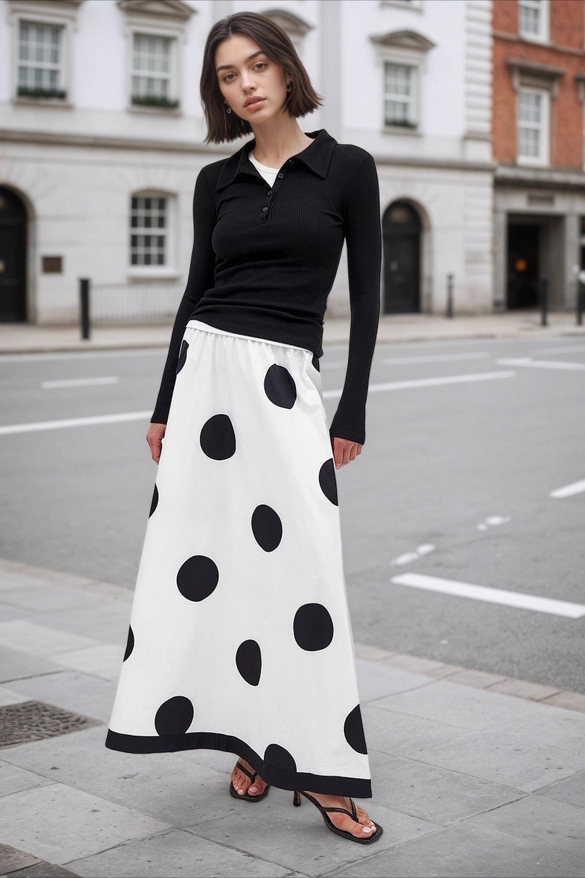 Large Polka Dot Contrast Hem A-Line Maxi Skirt 2