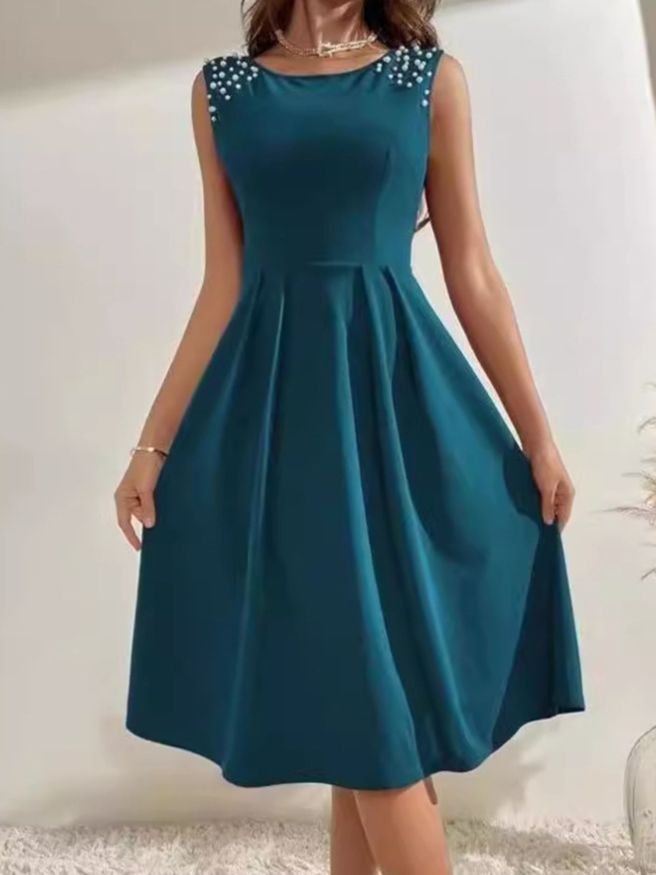 Pearl Detail Sleeveless Midi Dress Peacock Blue
