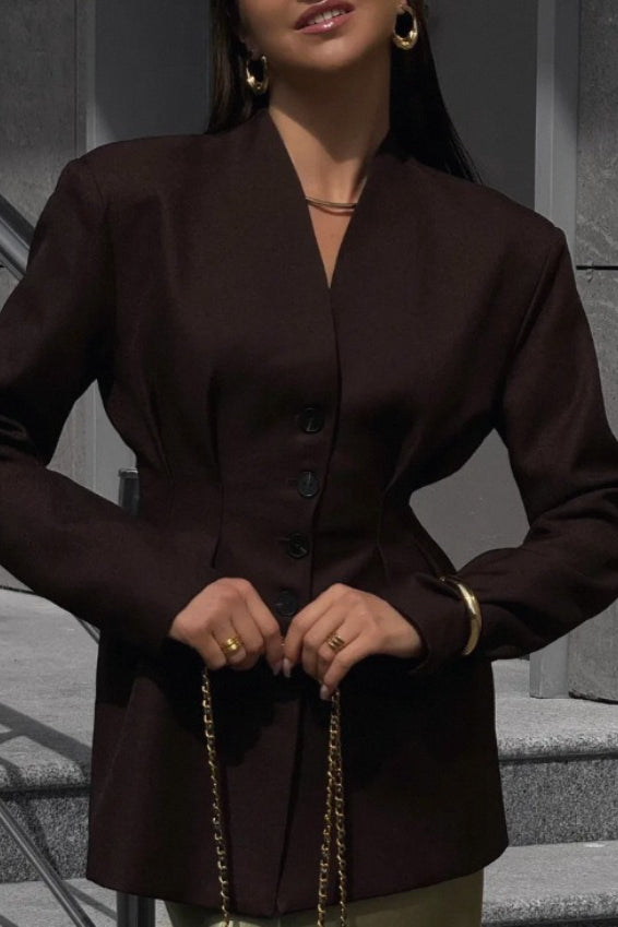 Collarless V-Neck Pleated Waist Button Front Longline Blazer 4