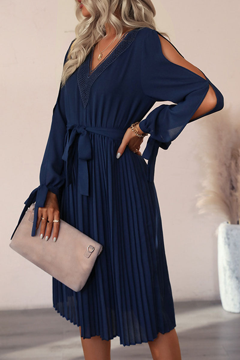 Chiffon Lace Insert V-Neck Cold Shoulder Tie Cuff Long Sleeve Belted Pleated Midi Dress