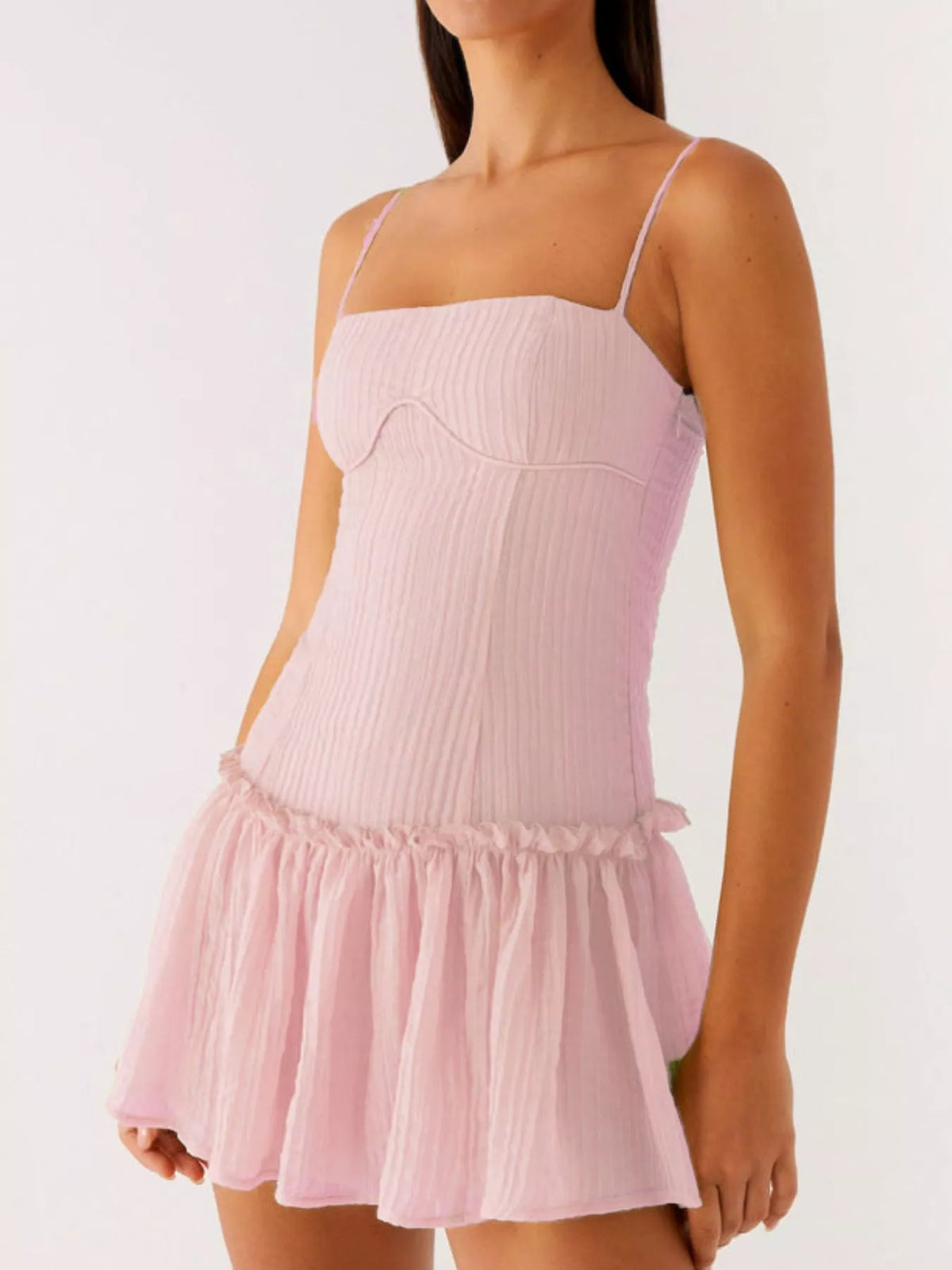 Textured Square Neck Cami Drop Waist Ruffle Hem Mini Dress 13
