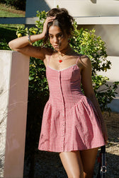 Plaid Lace Trim Button Cami Mini Dress