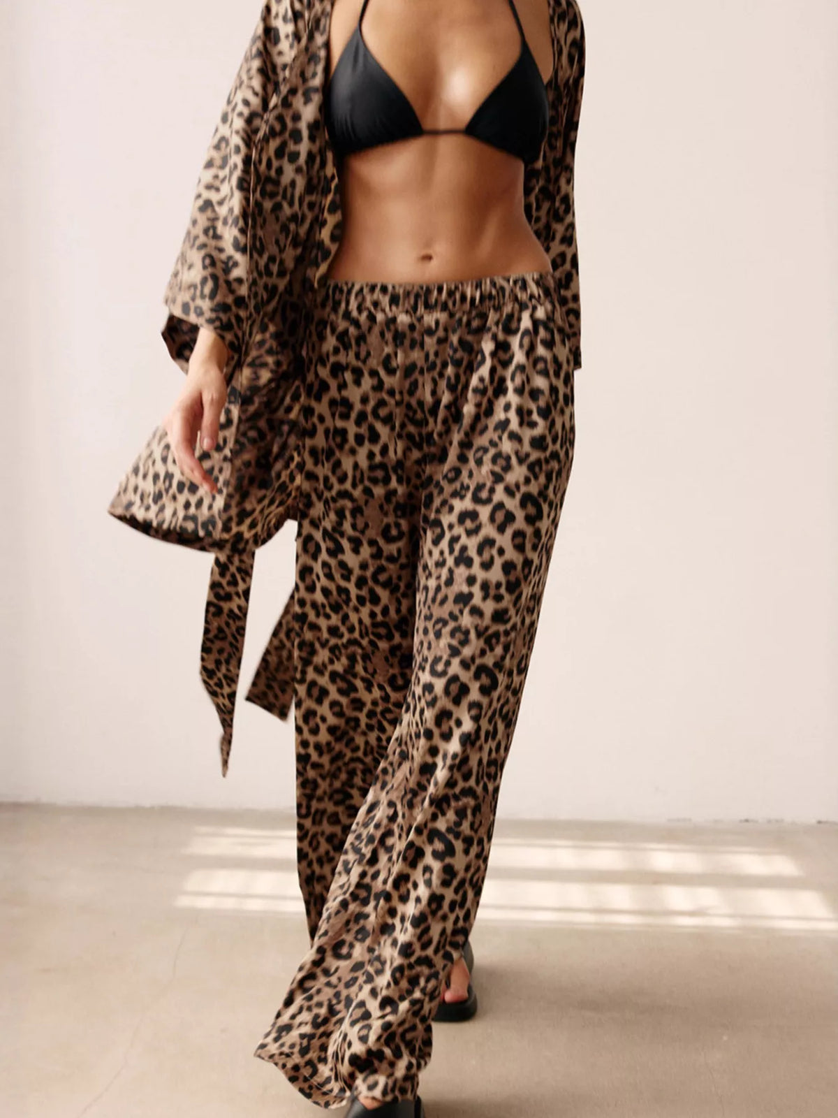 Leopard Print Open Front Shirt and Wide Leg Pants Two Piece Set 4