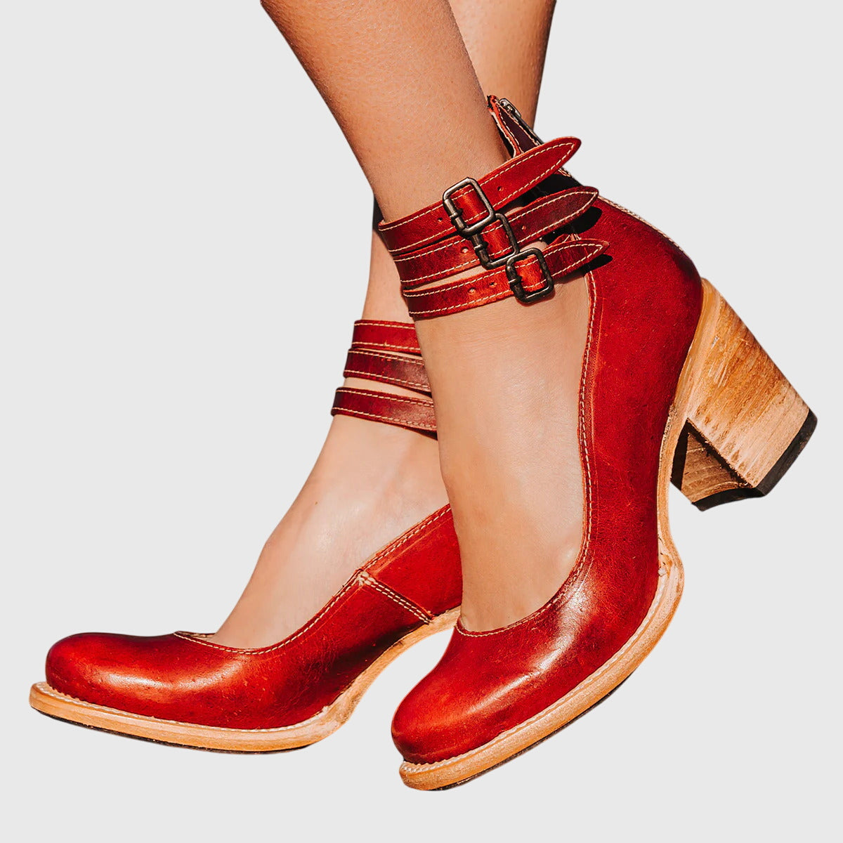 Round Toe Buckle Ankle Strap Block Heel Pumps