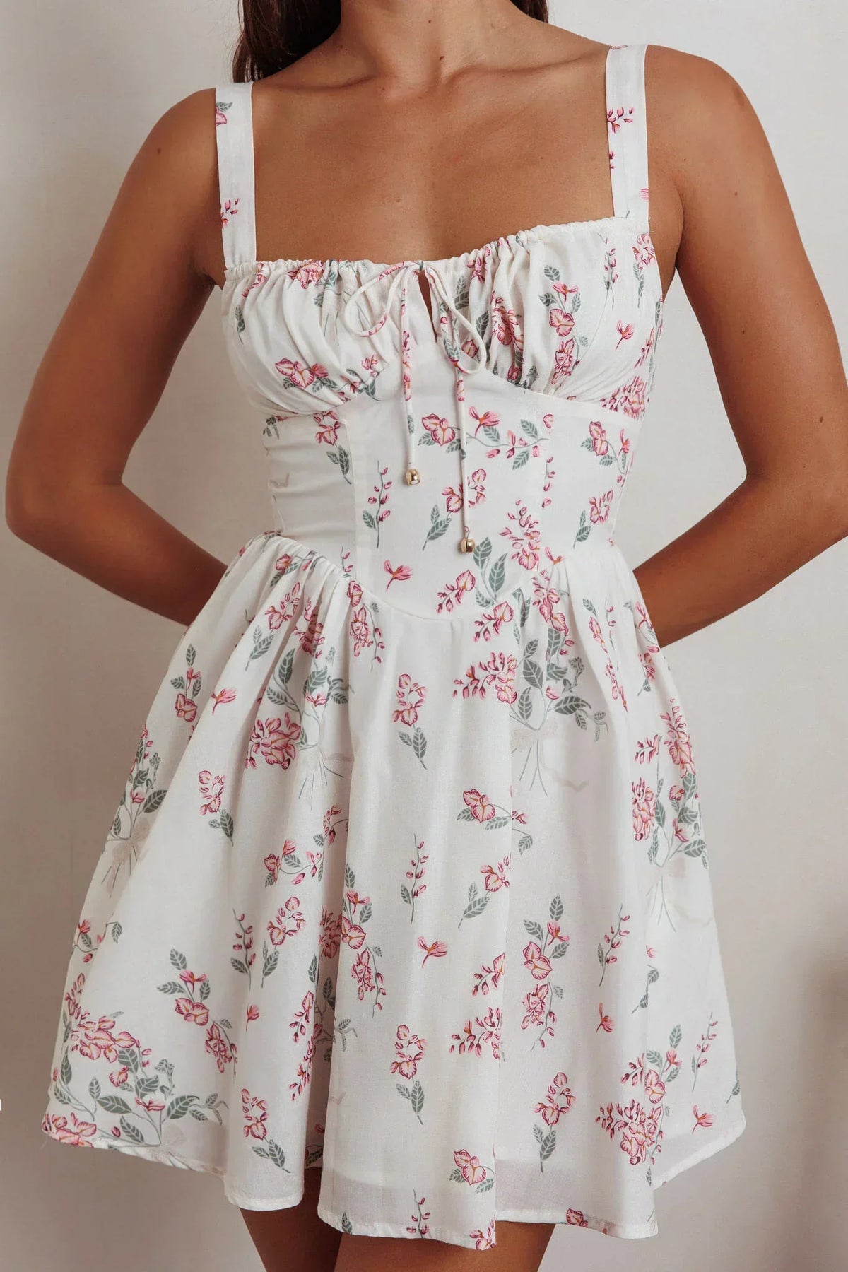 Floral Tie Bust Square Neck Bustier Fit and Flare Mini Dress 2