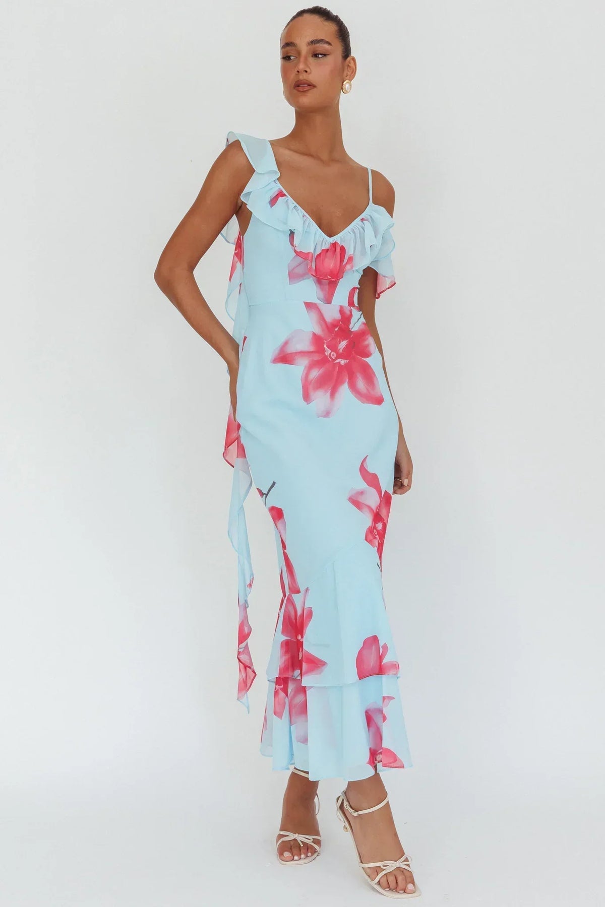 Floral Print Chiffon Ruffle Trim V-Neck Asymmetric Strap Mermaid Maxi Dress 5