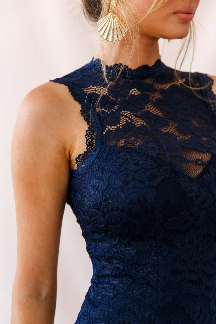 Floral Lace Overlay High Neck Sleeveless Keyhole Back Mini Dress 5
