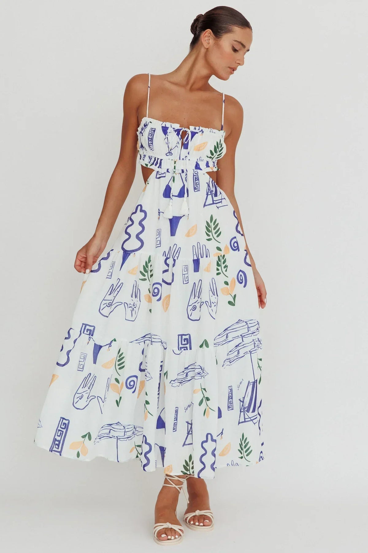Abstract Print Shirred Bodice Cut Out Back Tie Front Tiered Maxi Dress